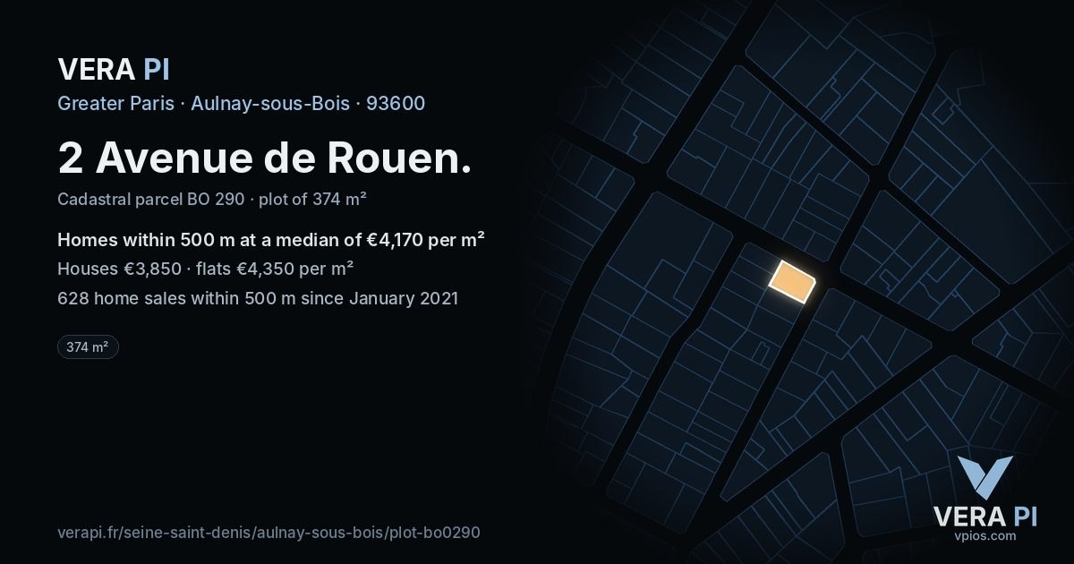 2 Avenue de Rouen, Aulnay-sous-Bois at night – the plot lit, the parcels around coloured by the prices near them