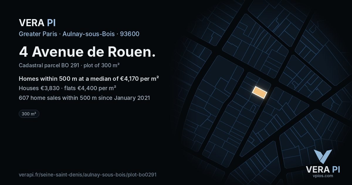 4 Avenue de Rouen, Aulnay-sous-Bois at night – the plot lit, the parcels around coloured by the prices near them