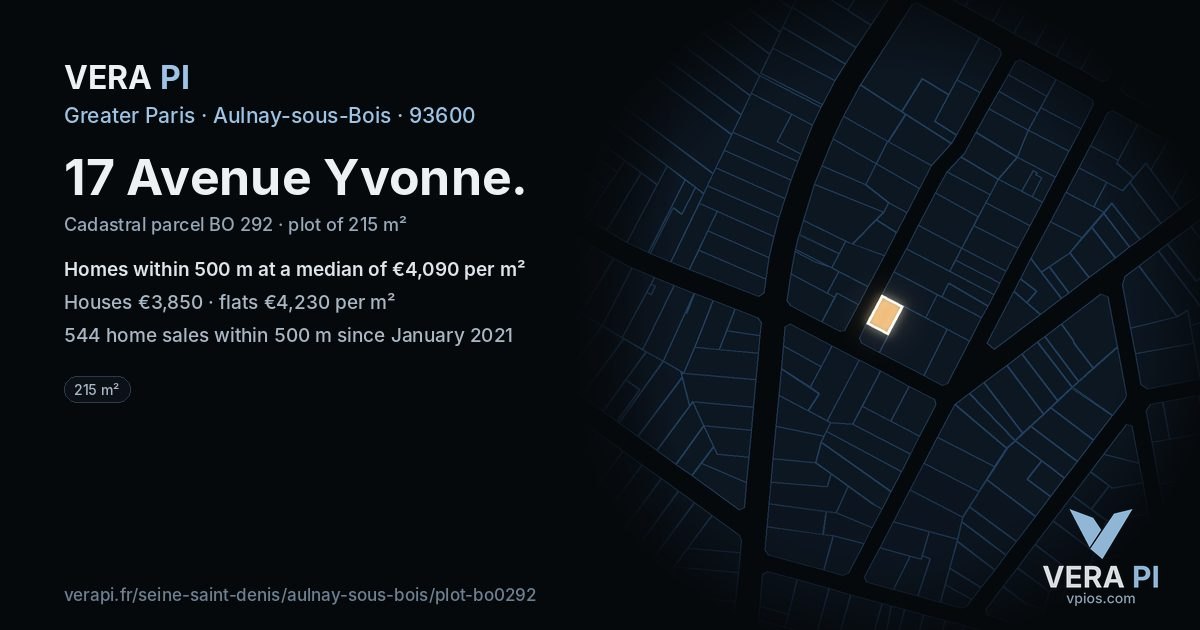 17 Avenue Yvonne, Aulnay-sous-Bois at night – the plot lit, the parcels around coloured by the prices near them