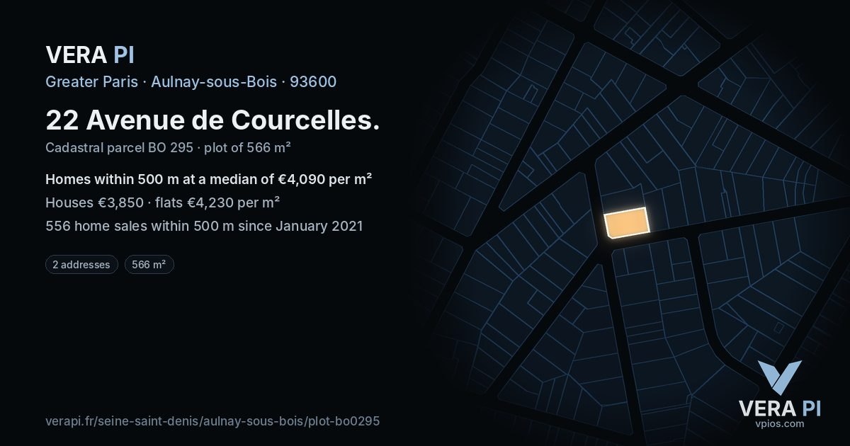 22 Avenue de Courcelles, Aulnay-sous-Bois at night – the plot lit, the parcels around coloured by the prices near them