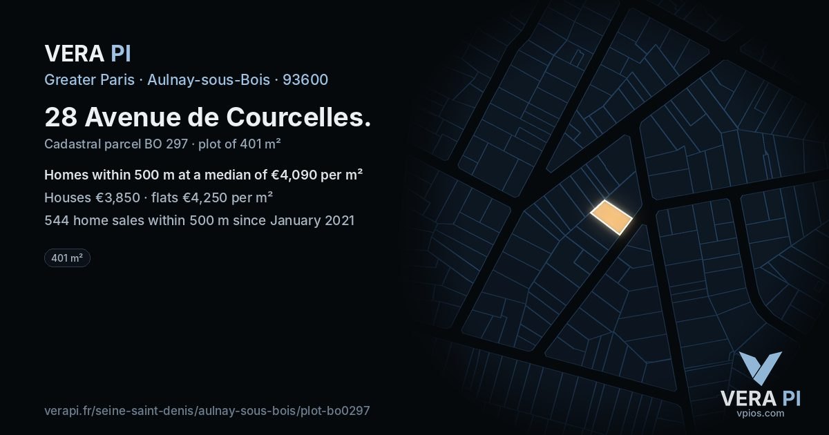 28 Avenue de Courcelles, Aulnay-sous-Bois at night – the plot lit, the parcels around coloured by the prices near them