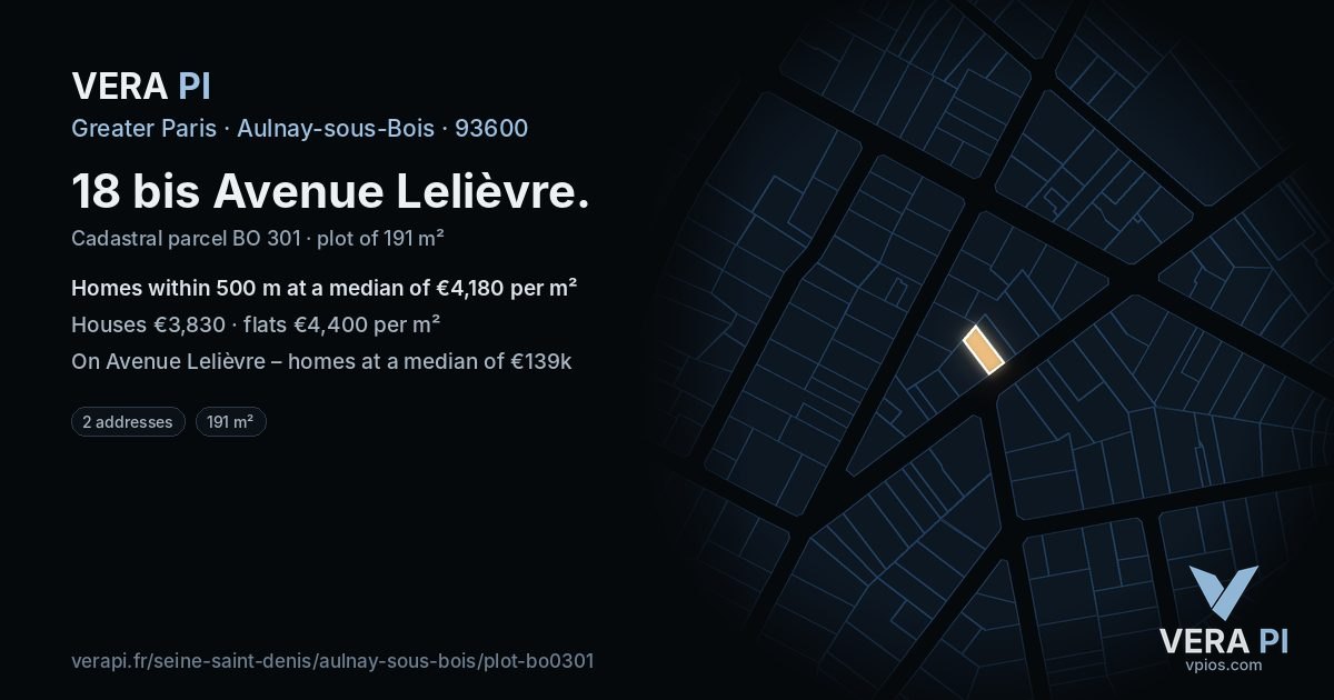 18 bis Avenue Lelièvre, Aulnay-sous-Bois at night – the plot lit, the parcels around coloured by the prices near them