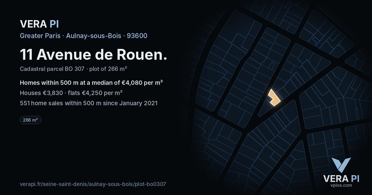 11 Avenue de Rouen, Aulnay-sous-Bois at night – the plot lit, the parcels around coloured by the prices near them
