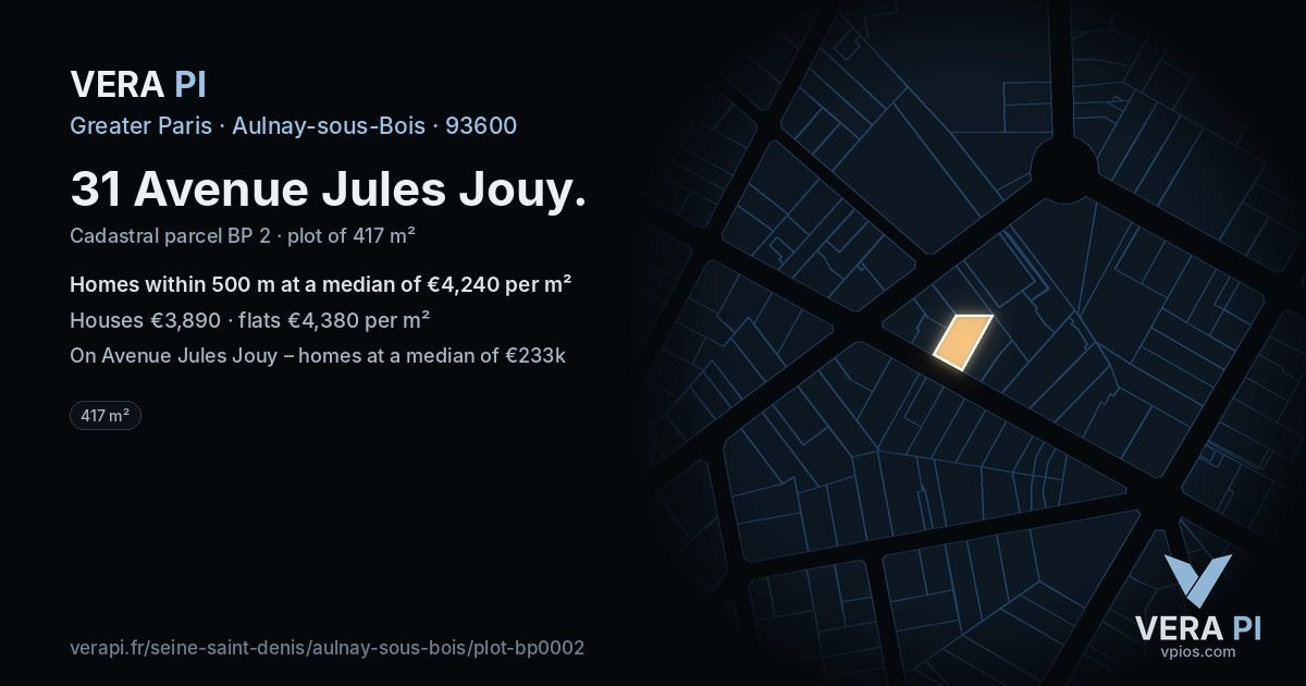 31 Avenue Jules Jouy, Aulnay-sous-Bois at night – the plot lit, the parcels around coloured by the prices near them