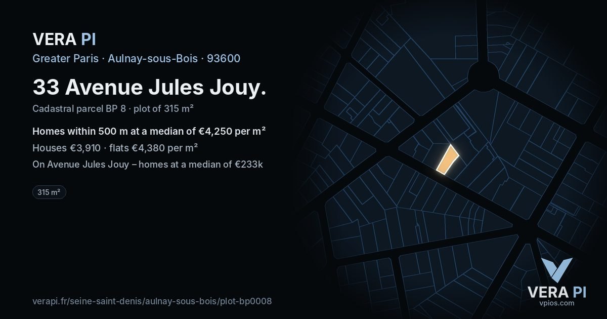 33 Avenue Jules Jouy, Aulnay-sous-Bois at night – the plot lit, the parcels around coloured by the prices near them