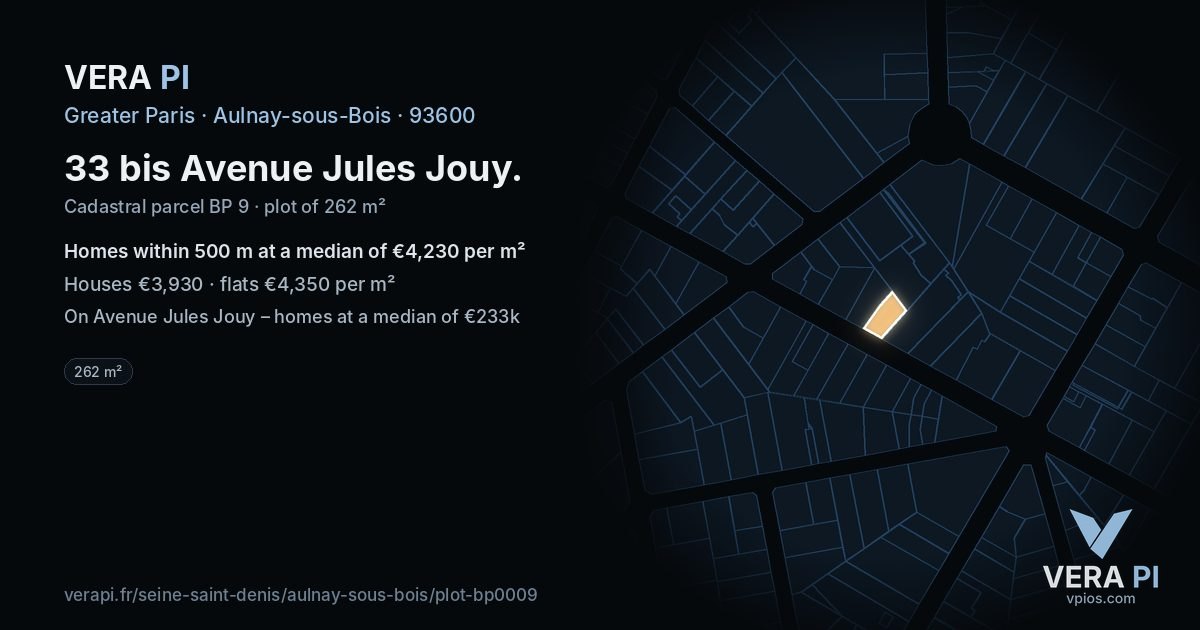 33 bis Avenue Jules Jouy, Aulnay-sous-Bois at night – the plot lit, the parcels around coloured by the prices near them