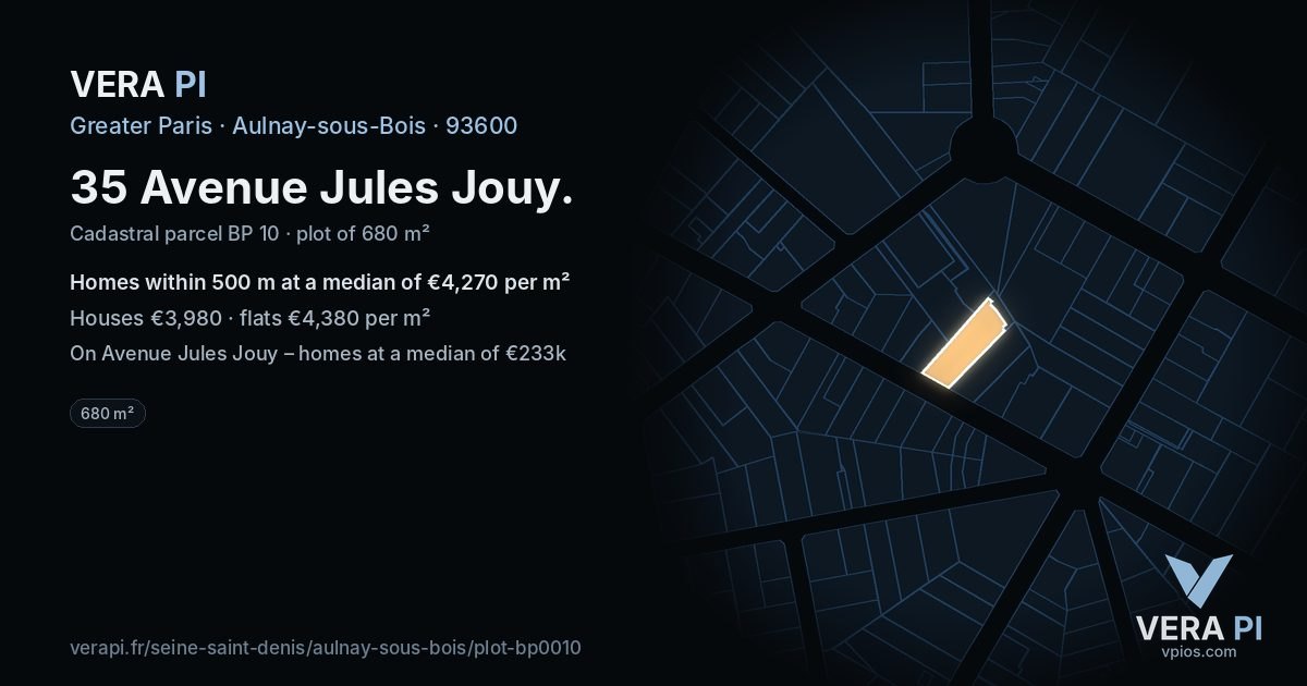 35 Avenue Jules Jouy, Aulnay-sous-Bois at night – the plot lit, the parcels around coloured by the prices near them