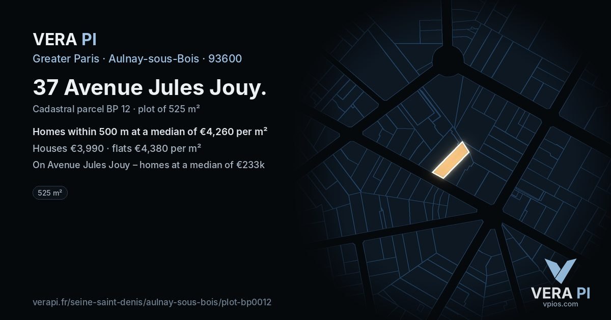 37 Avenue Jules Jouy, Aulnay-sous-Bois at night – the plot lit, the parcels around coloured by the prices near them