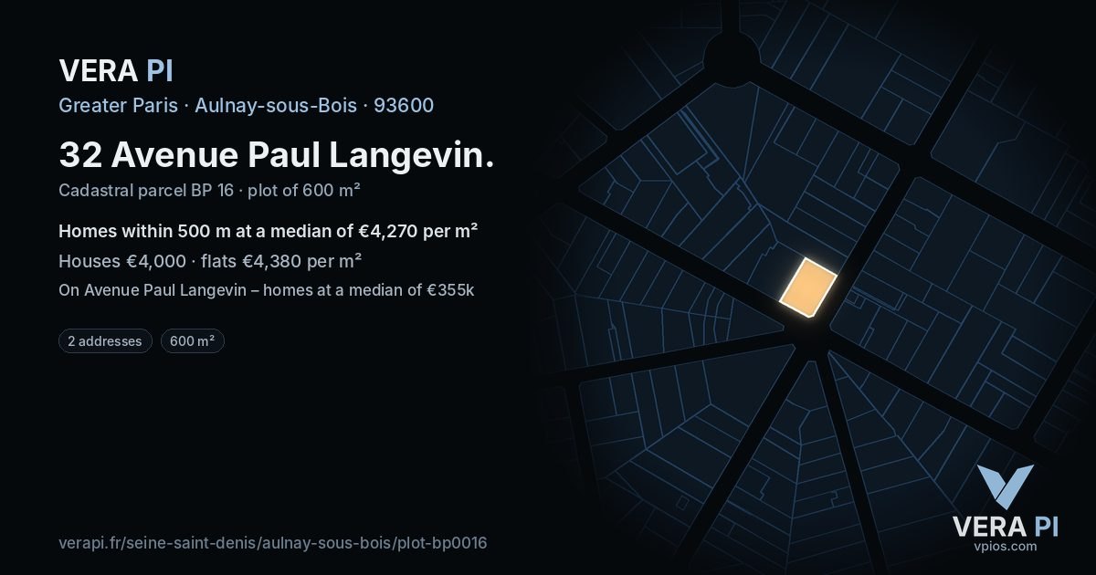 32 Avenue Paul Langevin, Aulnay-sous-Bois at night – the plot lit, the parcels around coloured by the prices near them