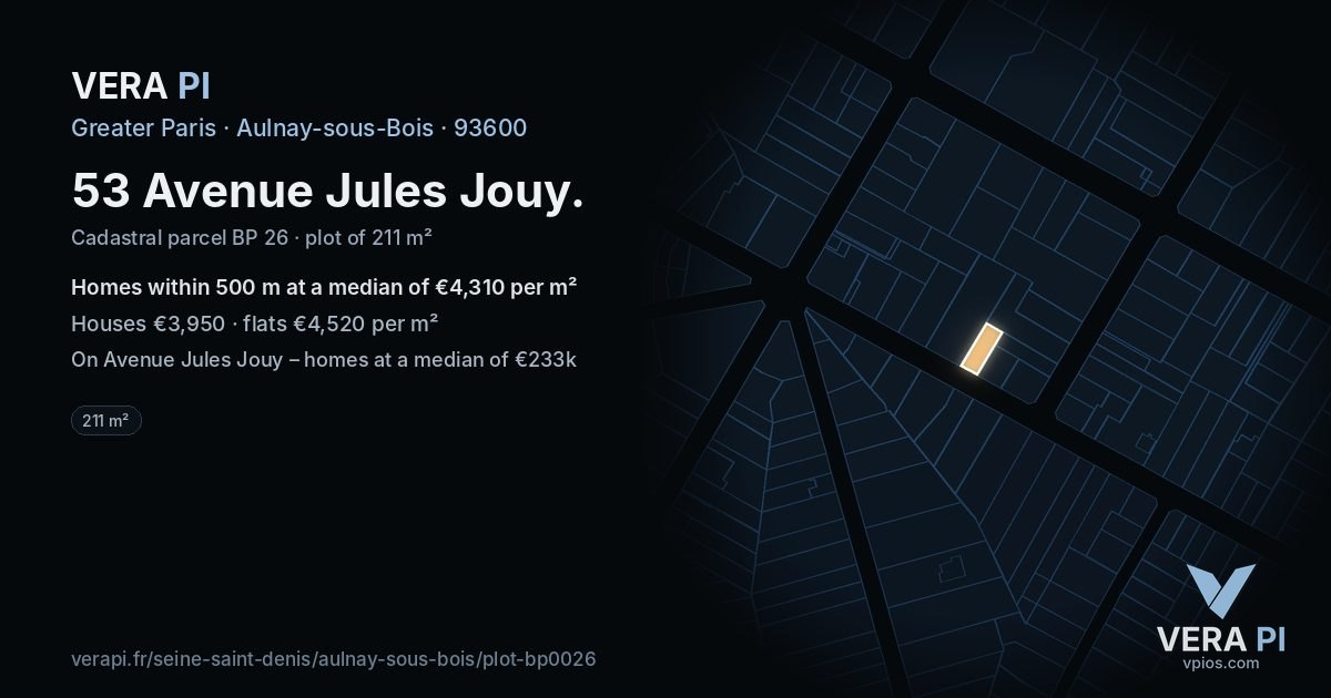 53 Avenue Jules Jouy, Aulnay-sous-Bois at night – the plot lit, the parcels around coloured by the prices near them