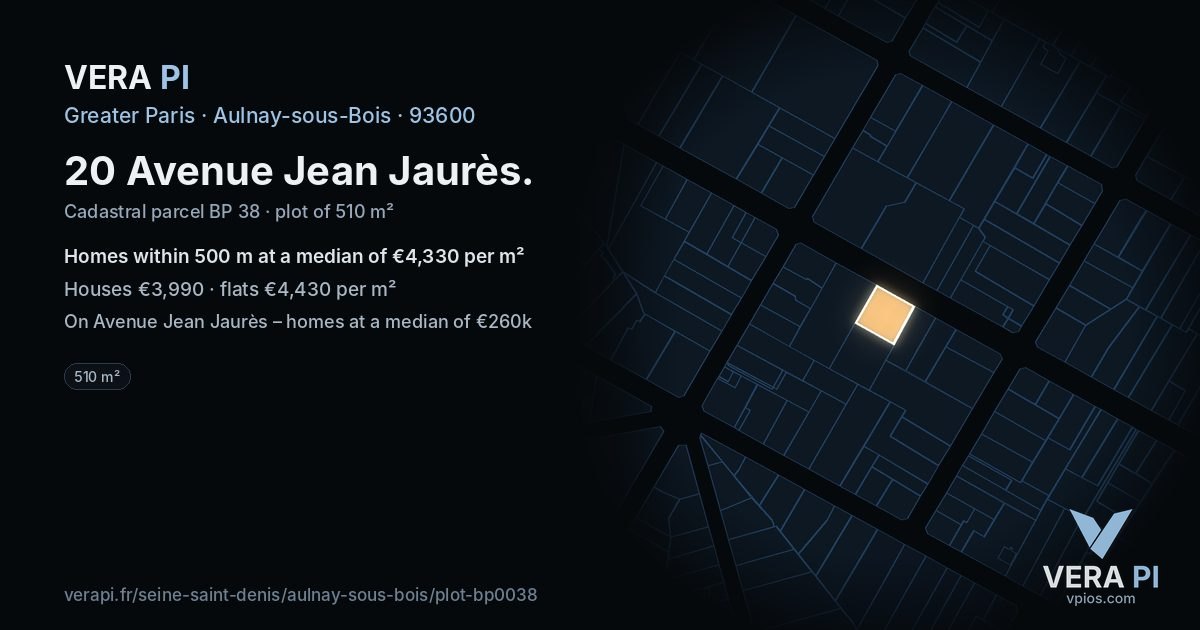 20 Avenue Jean Jaurès, Aulnay-sous-Bois at night – the plot lit, the parcels around coloured by the prices near them