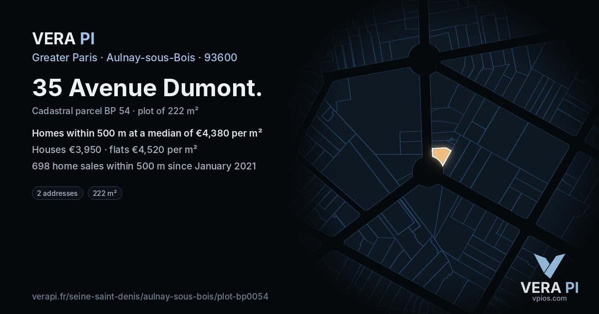 35 Avenue Dumont, Aulnay-sous-Bois at night – the plot lit, the parcels around coloured by the prices near them