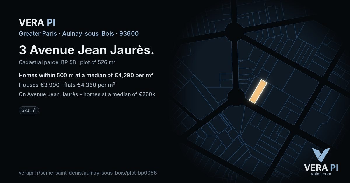 3 Avenue Jean Jaurès, Aulnay-sous-Bois at night – the plot lit, the parcels around coloured by the prices near them