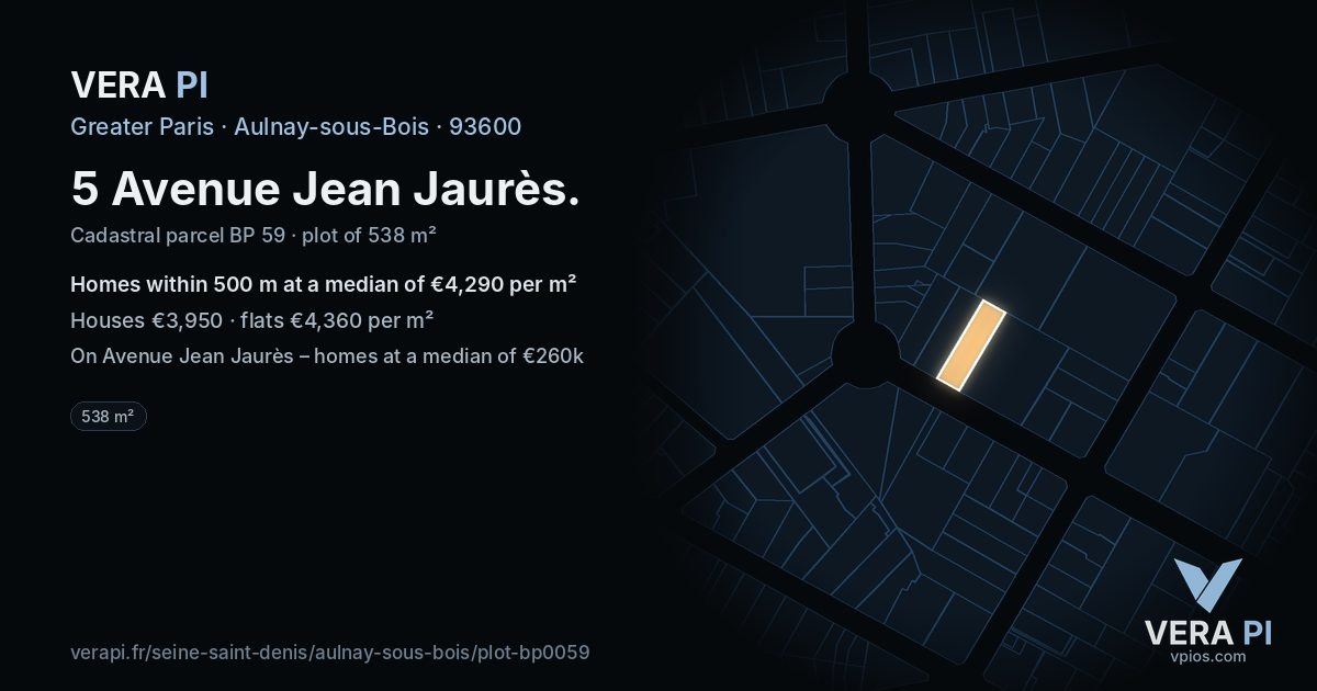 5 Avenue Jean Jaurès, Aulnay-sous-Bois at night – the plot lit, the parcels around coloured by the prices near them