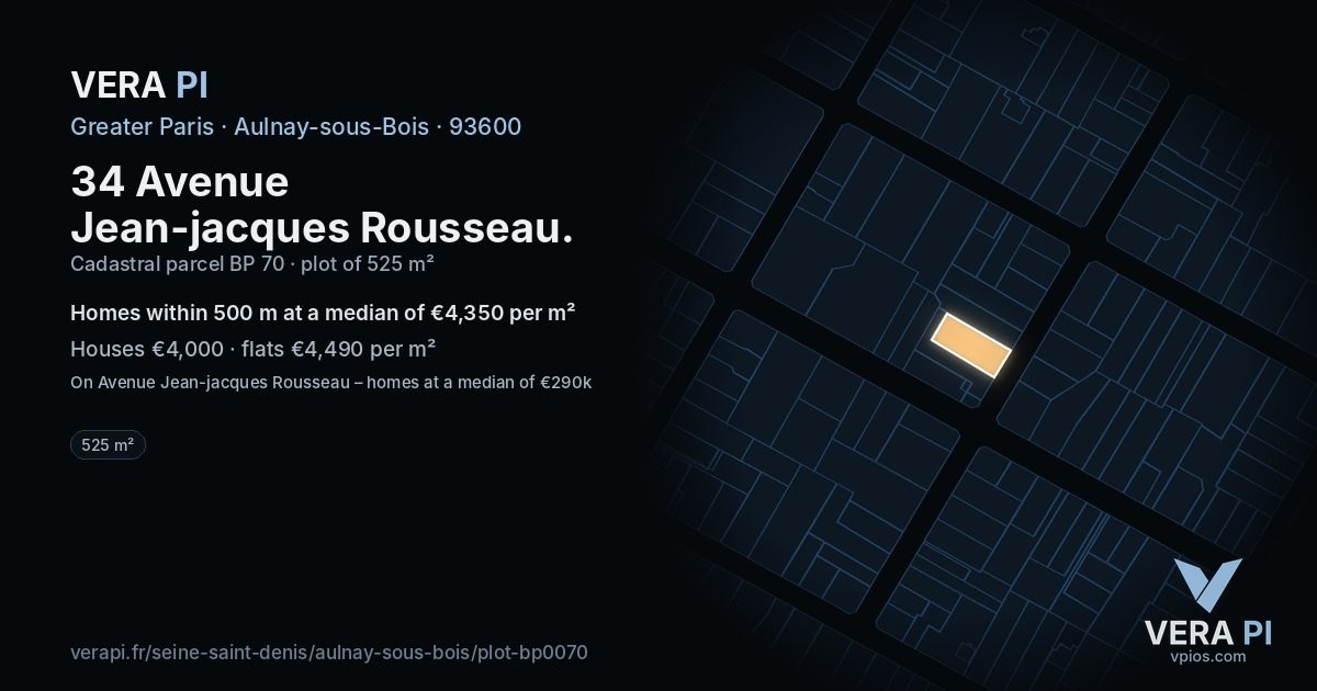 34 Avenue Jean-jacques Rousseau, Aulnay-sous-Bois at night – the plot lit, the parcels around coloured by the prices near them