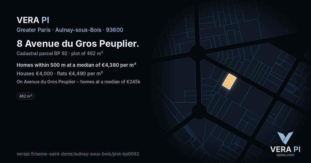 8 Avenue du Gros Peuplier, Aulnay-sous-Bois at night – the plot lit, the parcels around coloured by the prices near them