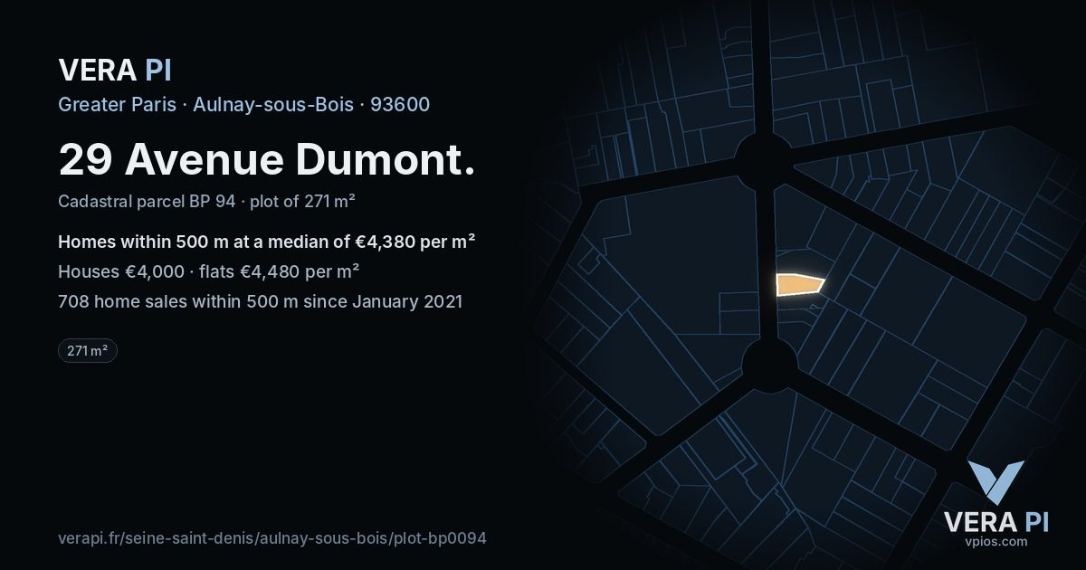 29 Avenue Dumont, Aulnay-sous-Bois at night – the plot lit, the parcels around coloured by the prices near them