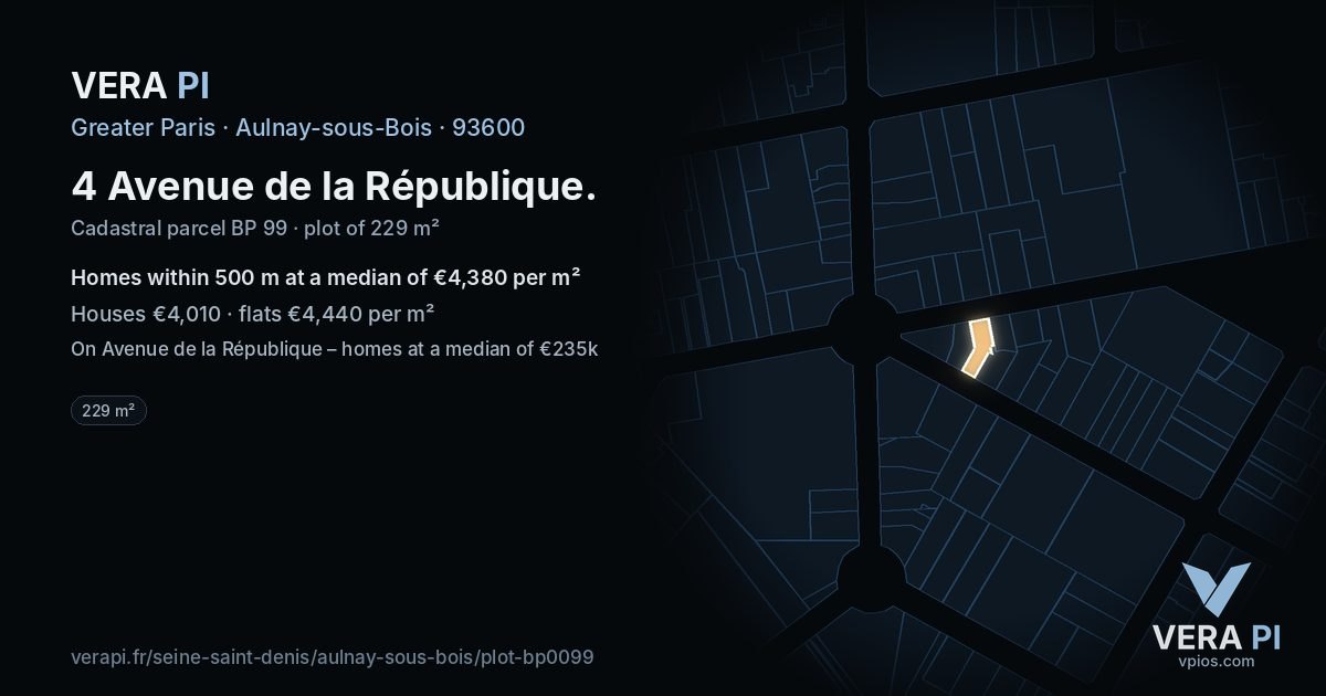 4 Avenue de la République, Aulnay-sous-Bois at night – the plot lit, the parcels around coloured by the prices near them