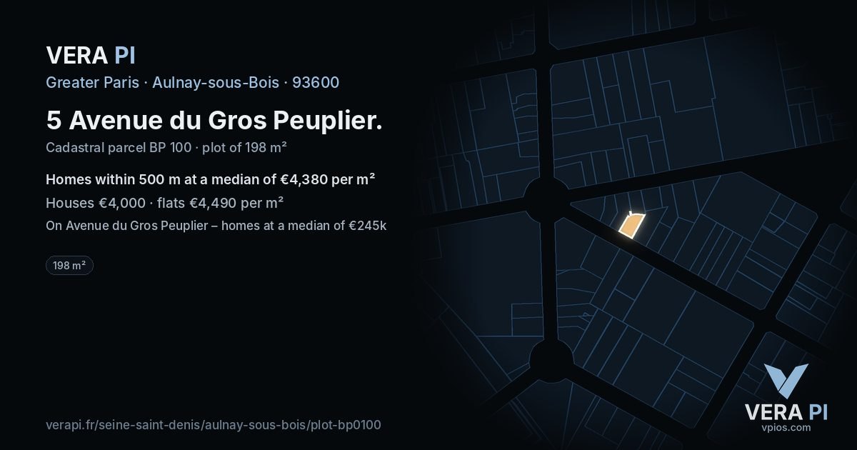 5 Avenue du Gros Peuplier, Aulnay-sous-Bois at night – the plot lit, the parcels around coloured by the prices near them