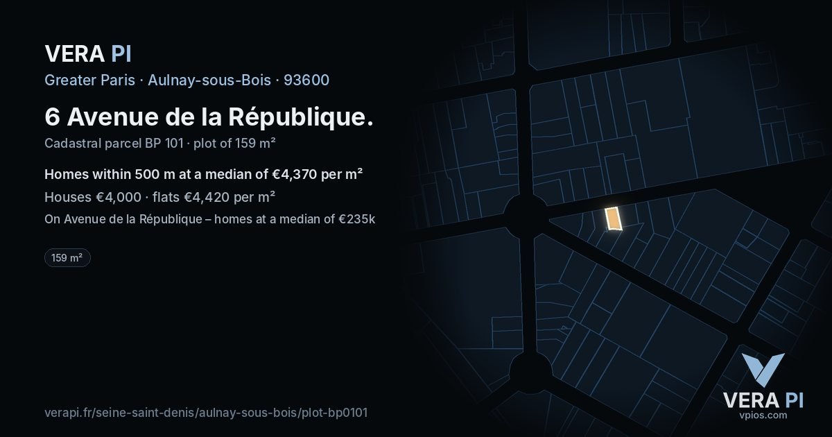 6 Avenue de la République, Aulnay-sous-Bois at night – the plot lit, the parcels around coloured by the prices near them