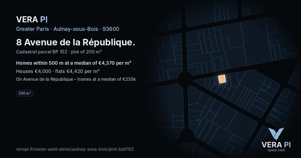 8 Avenue de la République, Aulnay-sous-Bois at night – the plot lit, the parcels around coloured by the prices near them