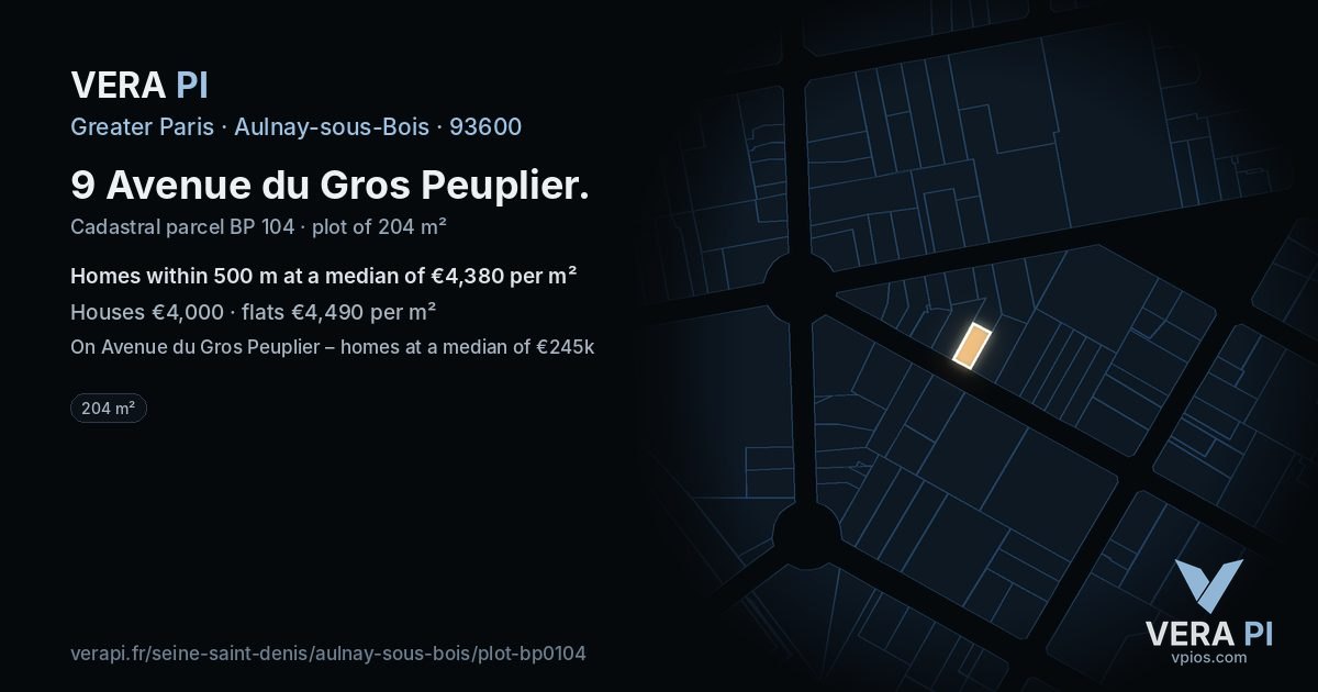9 Avenue du Gros Peuplier, Aulnay-sous-Bois at night – the plot lit, the parcels around coloured by the prices near them