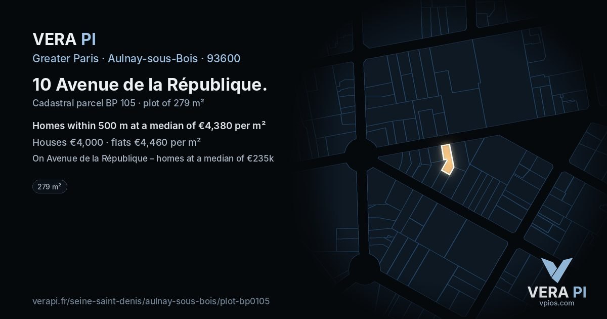 10 Avenue de la République, Aulnay-sous-Bois at night – the plot lit, the parcels around coloured by the prices near them