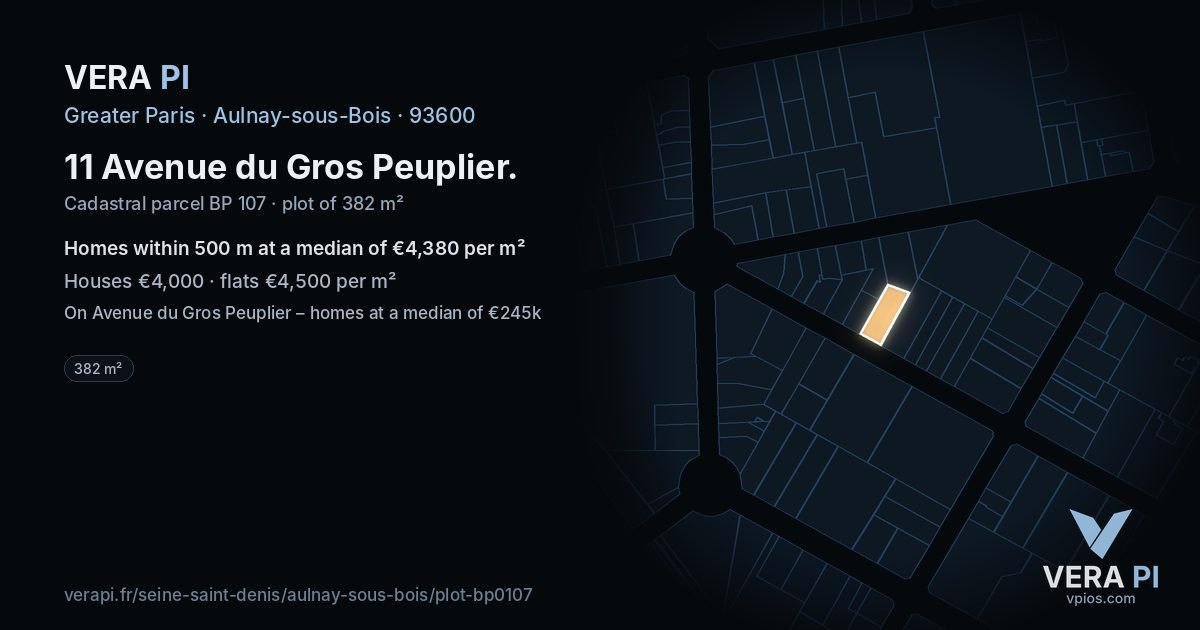 11 Avenue du Gros Peuplier, Aulnay-sous-Bois at night – the plot lit, the parcels around coloured by the prices near them
