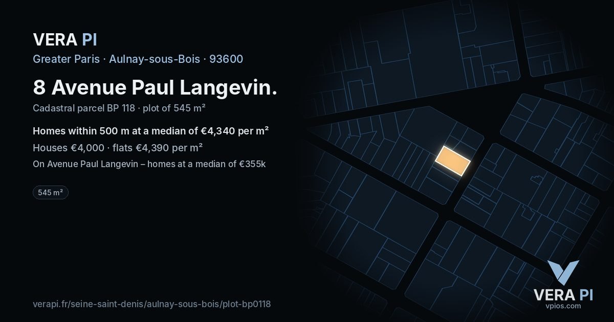 8 Avenue Paul Langevin, Aulnay-sous-Bois at night – the plot lit, the parcels around coloured by the prices near them