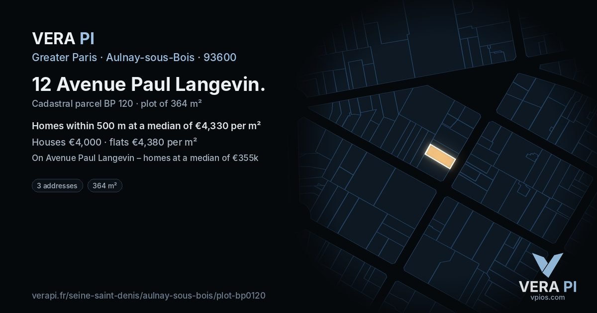 12 Avenue Paul Langevin, Aulnay-sous-Bois at night – the plot lit, the parcels around coloured by the prices near them