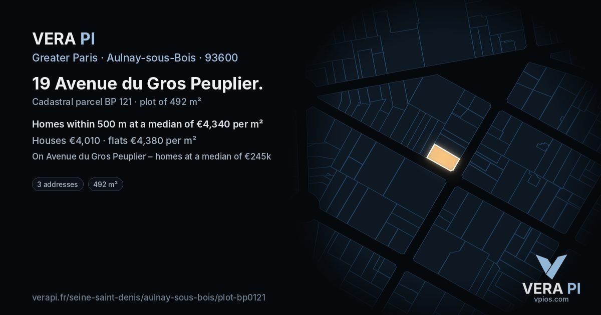 19 Avenue du Gros Peuplier, Aulnay-sous-Bois at night – the plot lit, the parcels around coloured by the prices near them