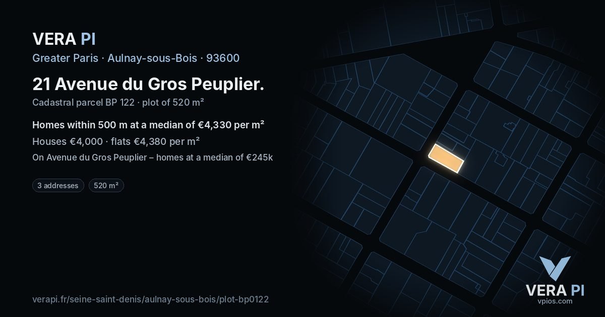 21 Avenue du Gros Peuplier, Aulnay-sous-Bois at night – the plot lit, the parcels around coloured by the prices near them