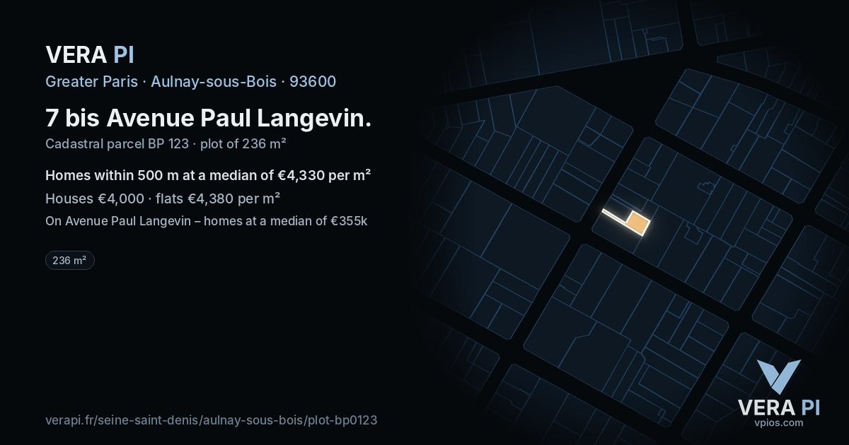 7 bis Avenue Paul Langevin, Aulnay-sous-Bois at night – the plot lit, the parcels around coloured by the prices near them
