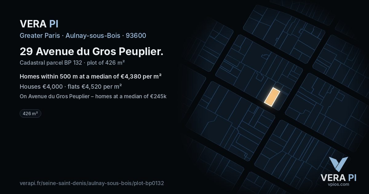 29 Avenue du Gros Peuplier, Aulnay-sous-Bois at night – the plot lit, the parcels around coloured by the prices near them