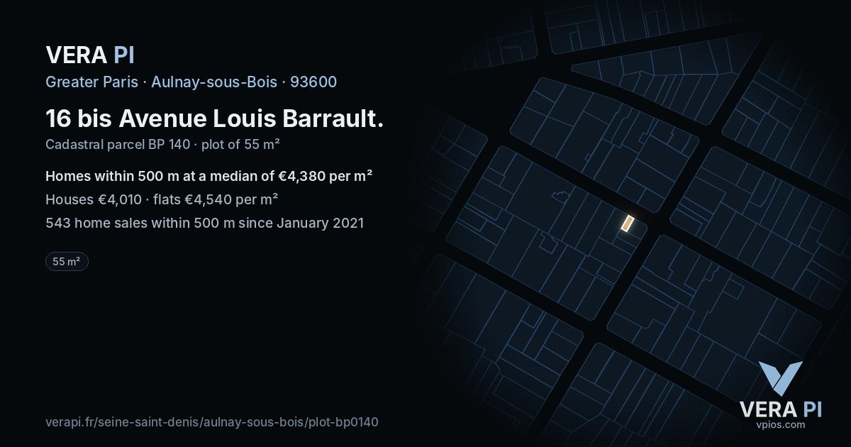 16 bis Avenue Louis Barrault, Aulnay-sous-Bois at night – the plot lit, the parcels around coloured by the prices near them