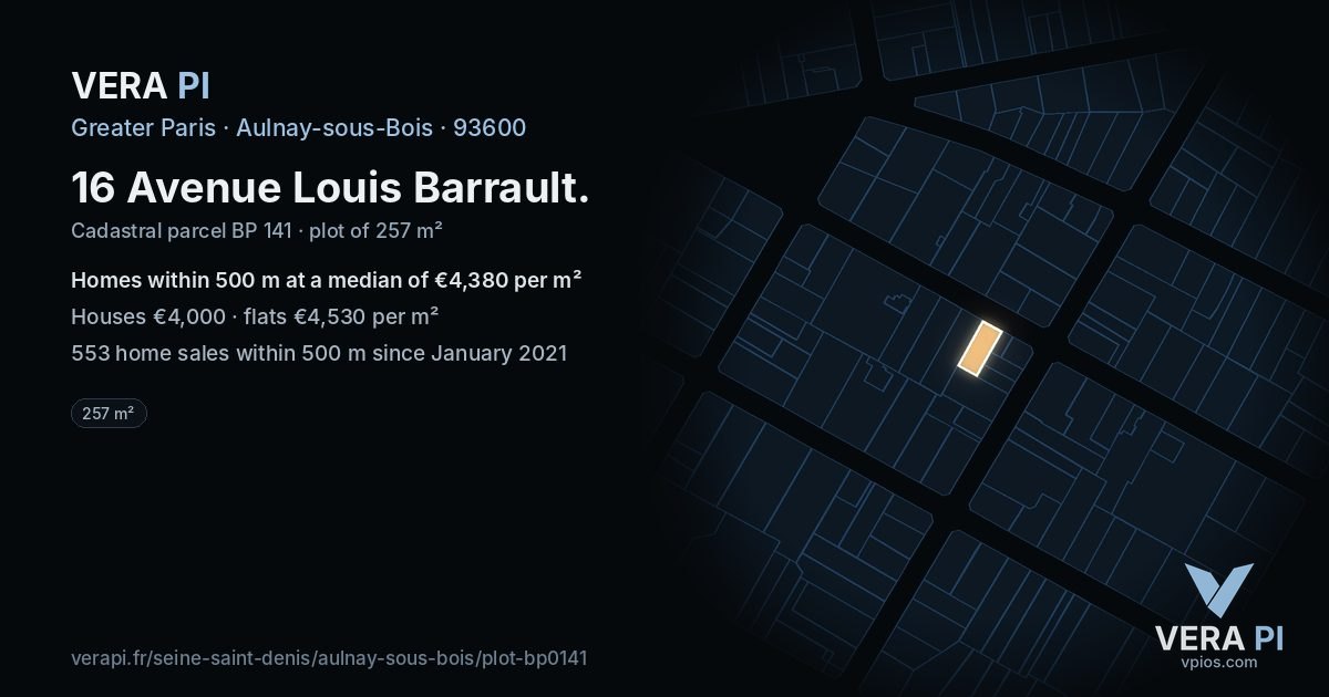 16 Avenue Louis Barrault, Aulnay-sous-Bois at night – the plot lit, the parcels around coloured by the prices near them