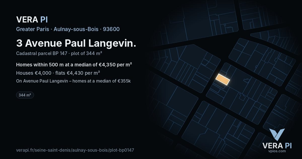 3 Avenue Paul Langevin, Aulnay-sous-Bois at night – the plot lit, the parcels around coloured by the prices near them
