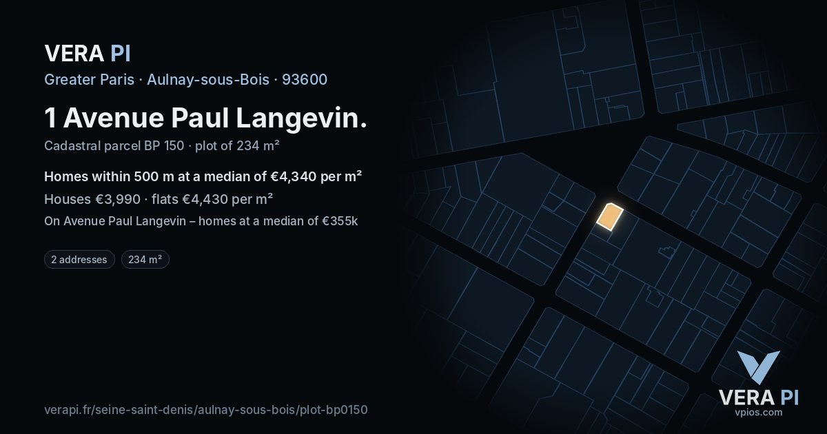 1 Avenue Paul Langevin, Aulnay-sous-Bois at night – the plot lit, the parcels around coloured by the prices near them