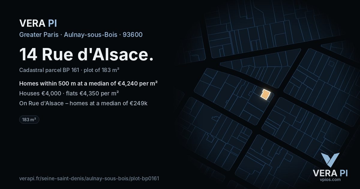 14 Rue d'Alsace, Aulnay-sous-Bois at night – the plot lit, the parcels around coloured by the prices near them