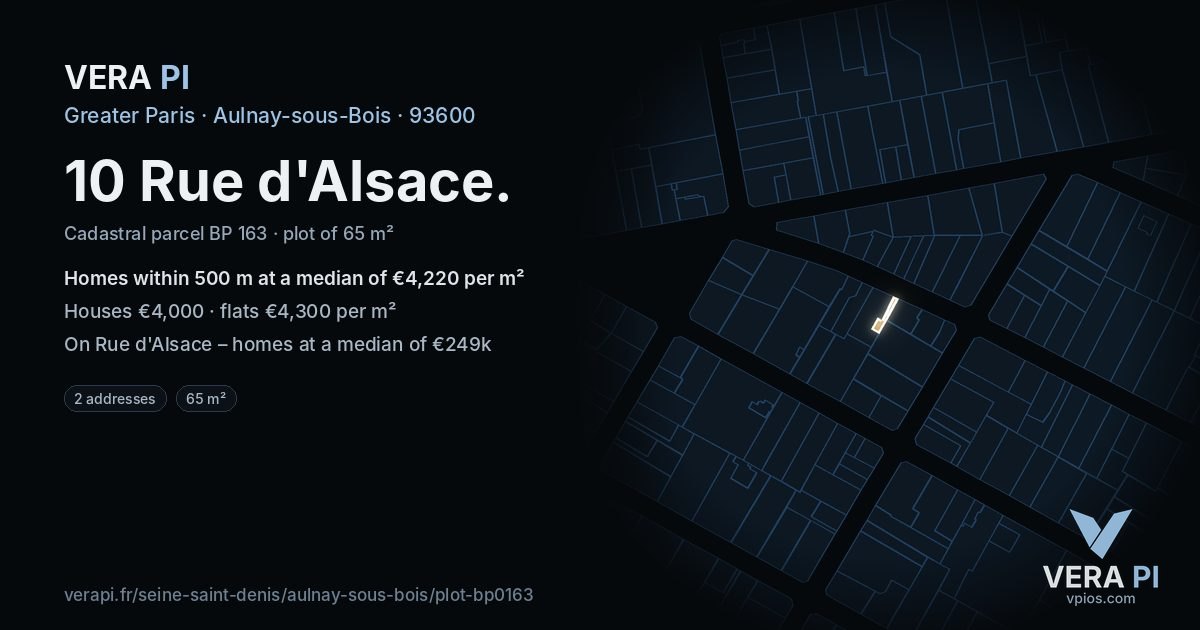 10 Rue d'Alsace, Aulnay-sous-Bois at night – the plot lit, the parcels around coloured by the prices near them