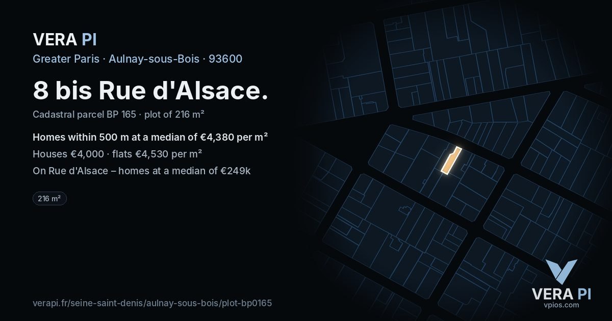 8 bis Rue d'Alsace, Aulnay-sous-Bois at night – the plot lit, the parcels around coloured by the prices near them