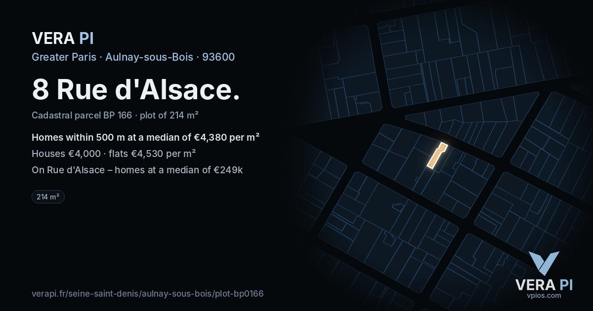 8 Rue d'Alsace, Aulnay-sous-Bois at night – the plot lit, the parcels around coloured by the prices near them