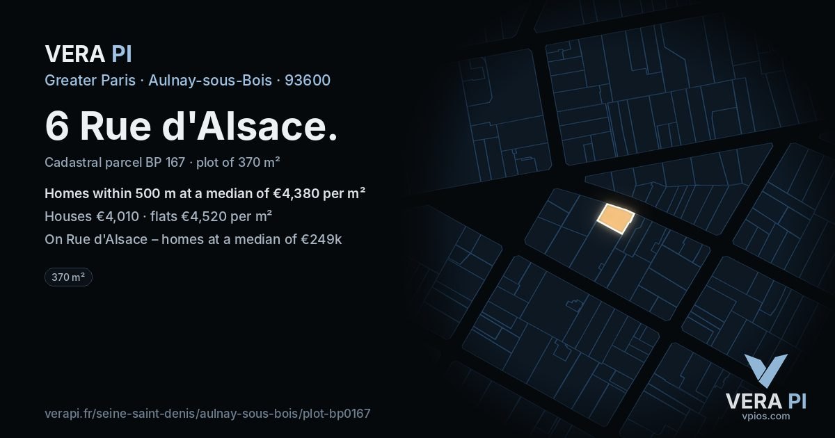 6 Rue d'Alsace, Aulnay-sous-Bois at night – the plot lit, the parcels around coloured by the prices near them