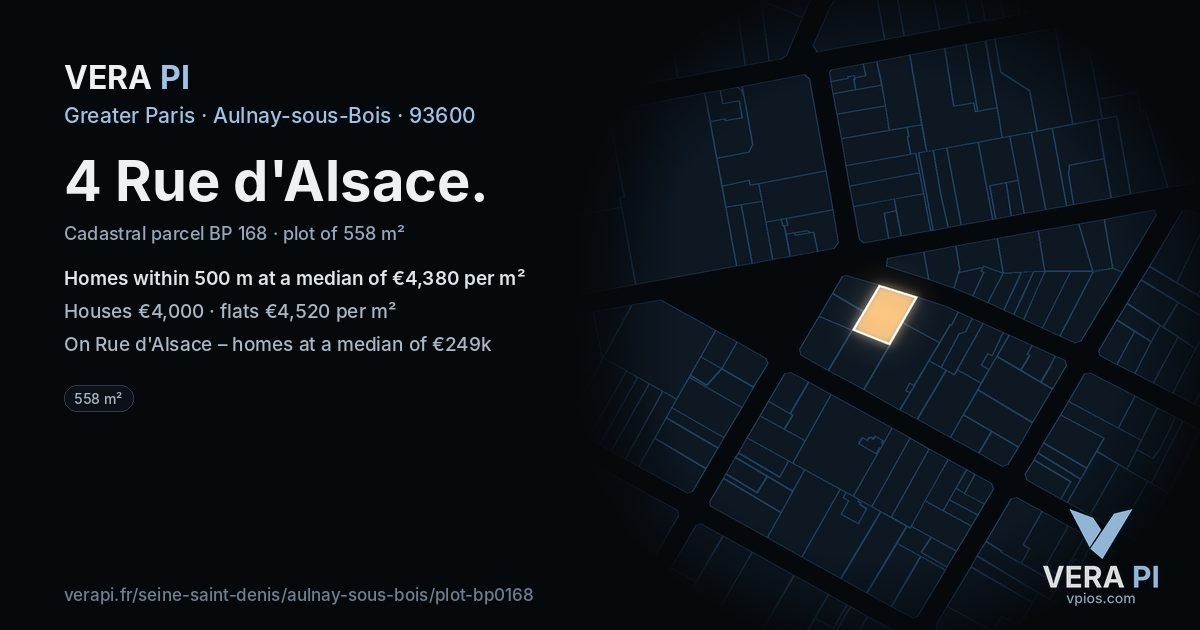 4 Rue d'Alsace, Aulnay-sous-Bois at night – the plot lit, the parcels around coloured by the prices near them