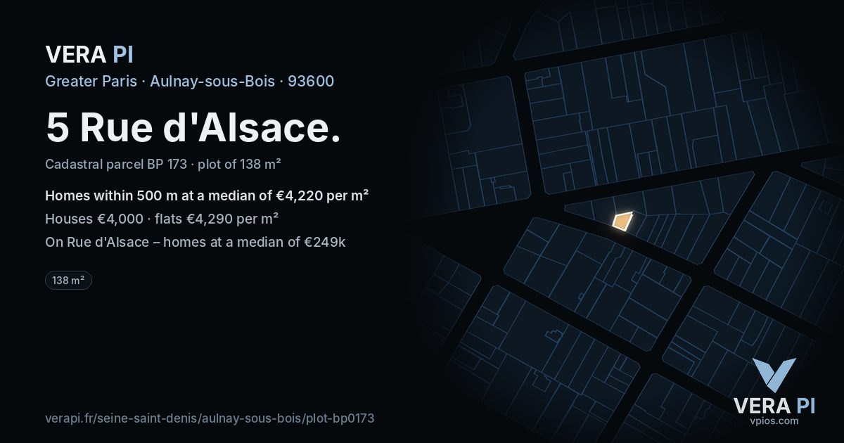5 Rue d'Alsace, Aulnay-sous-Bois at night – the plot lit, the parcels around coloured by the prices near them