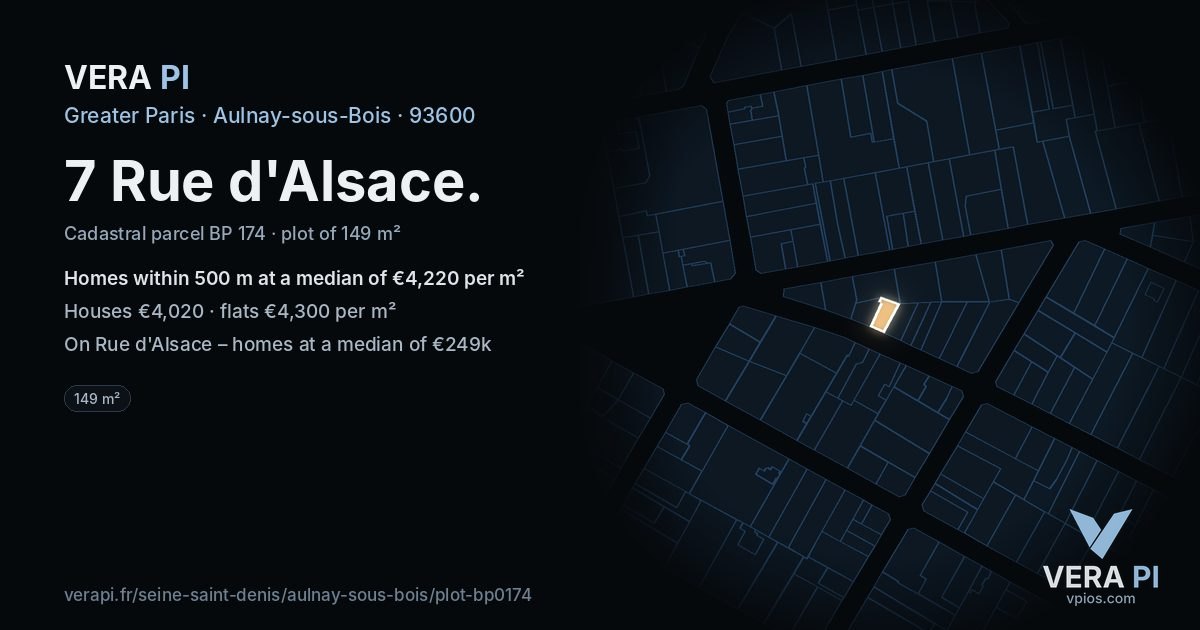 7 Rue d'Alsace, Aulnay-sous-Bois at night – the plot lit, the parcels around coloured by the prices near them