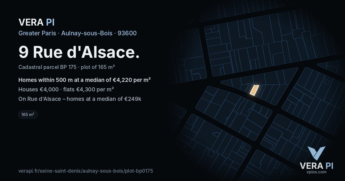 9 Rue d'Alsace, Aulnay-sous-Bois at night – the plot lit, the parcels around coloured by the prices near them