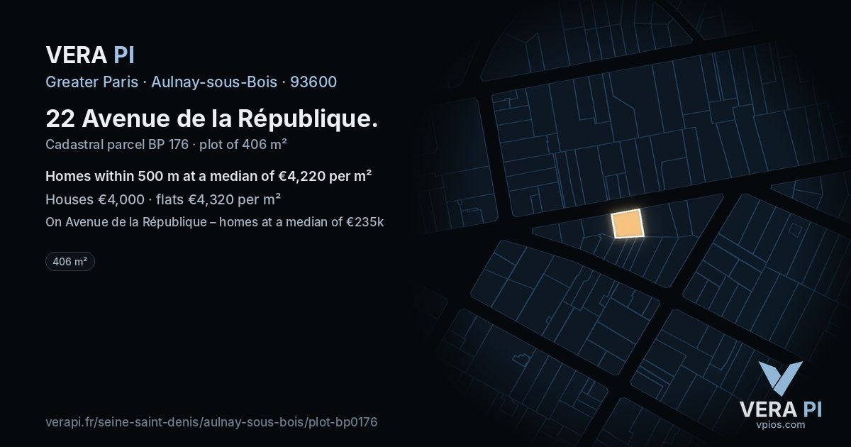 22 Avenue de la République, Aulnay-sous-Bois at night – the plot lit, the parcels around coloured by the prices near them