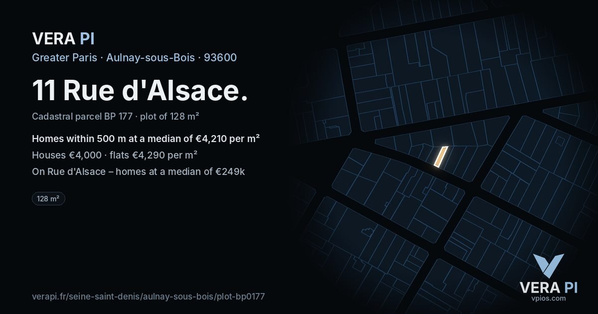 11 Rue d'Alsace, Aulnay-sous-Bois at night – the plot lit, the parcels around coloured by the prices near them