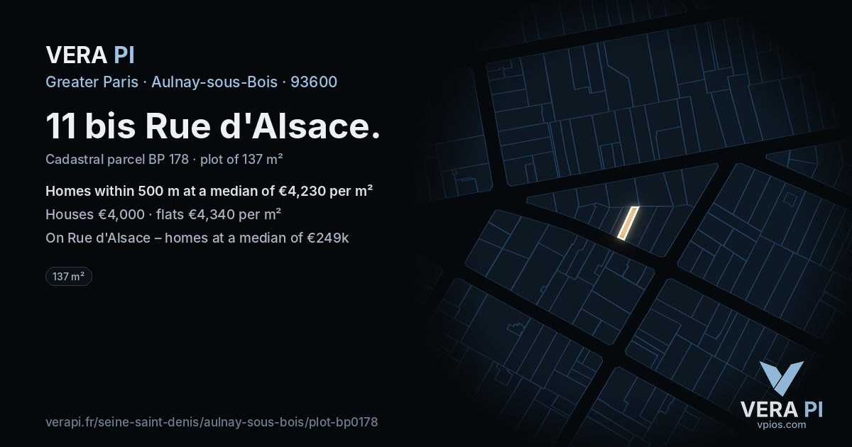 11 bis Rue d'Alsace, Aulnay-sous-Bois at night – the plot lit, the parcels around coloured by the prices near them